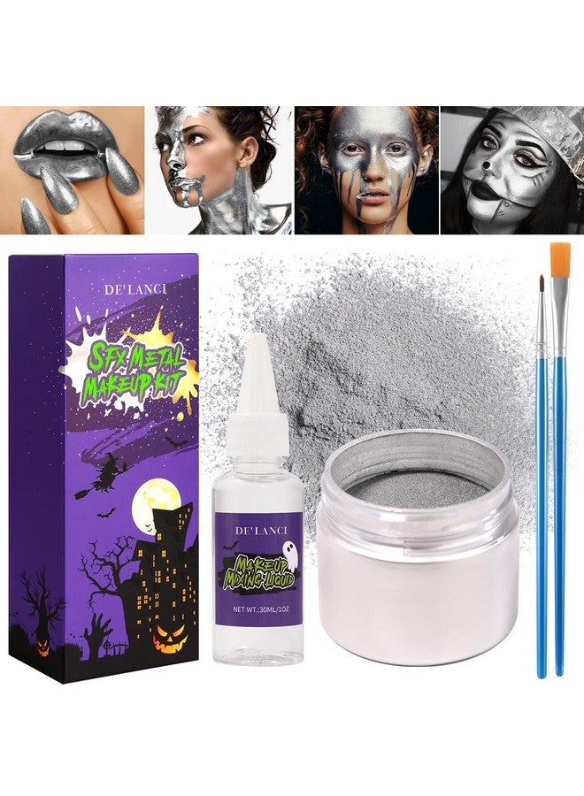Silver Face Paint Metallic Powder Kitmetal Chrome Pigment Powder Foundation For Face & Bodyhalloween Sfx Makeup Shimmer Powder With Mixing Liquid And 2 Brushes For Stage Party 0.43 Oz(13G)