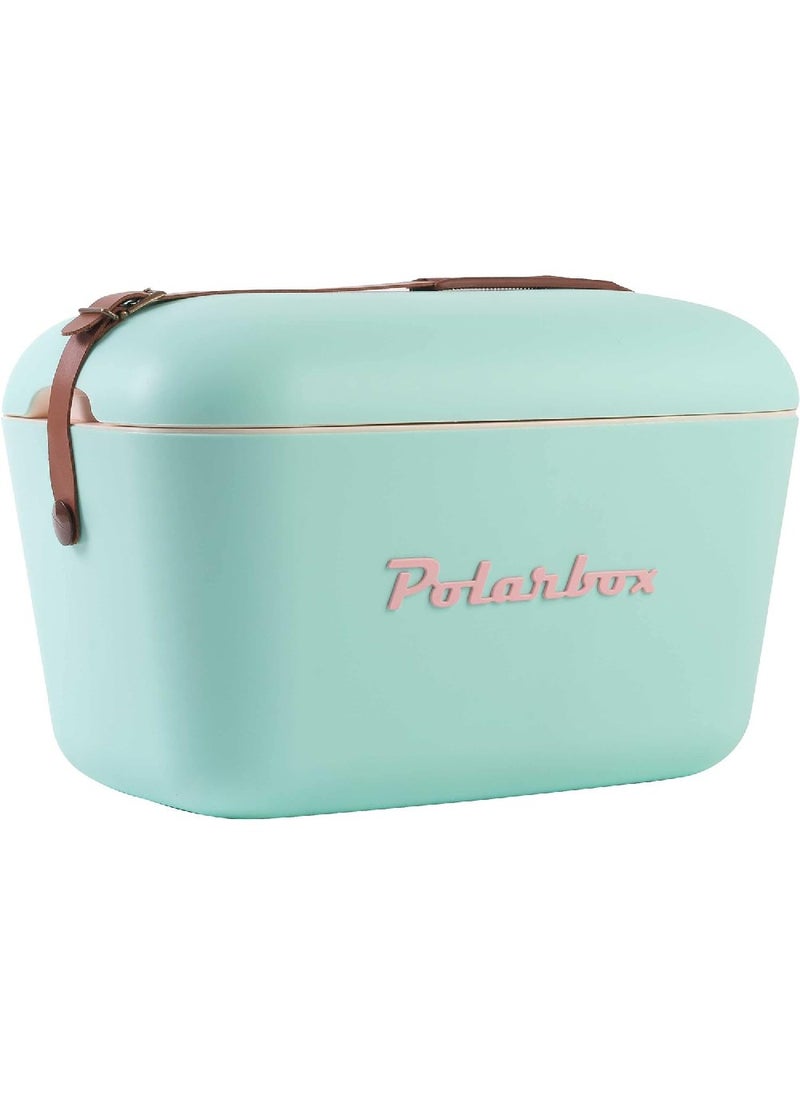 Classic Cooler Box with Leather Strap, Cyan & Baby Rose Rigid Thermal Insulated Ice for Beach, Picnic Party Convertible Lid Polypropylene Insulation Cyan/Baby 20L PB-9210