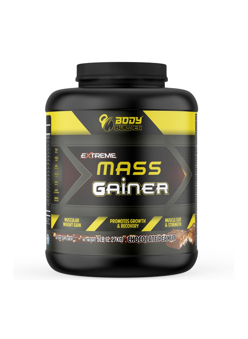 Body Builder Extreme Mass Gainer - Weight Gainer with 36g Protein, 8.3g BCAA, 142g Carb and 50mg Enzymes - Chocolate Peanut, 5 LB