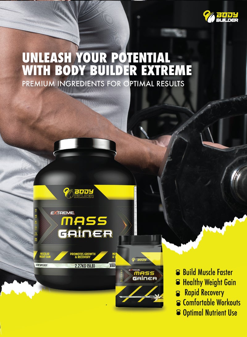 Body Builder Extreme Mass Gainer - Weight Gainer with 36g Protein, 8.3g BCAA, 142g Carb and 50mg Enzymes - Chocolate Peanut, 5 LB
