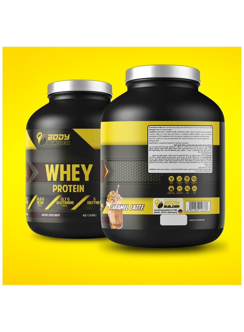Body Builder Whey Protein - 25g Protein, 16.6g BCAA, 13.7g Glutamine, with 5 Digestive Enzymes - Caramel Latte, 4LB