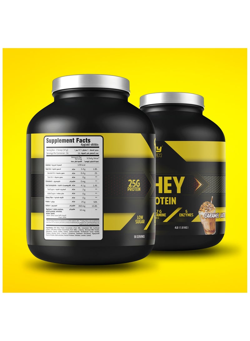 Body Builder Whey Protein - 25g Protein, 16.6g BCAA, 13.7g Glutamine, with 5 Digestive Enzymes - Caramel Latte, 4LB