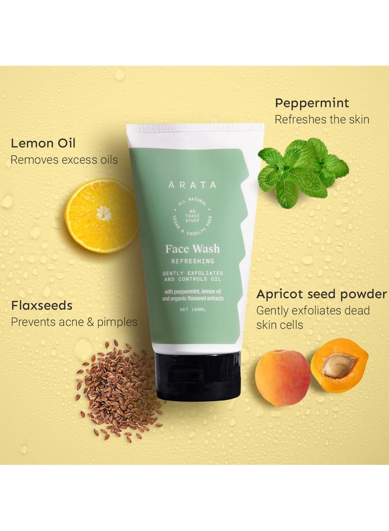 Arata Refreshing and Hydrating Face Wash 150ml With Peppermint Lemon Oil and Flax Seed Extracts For Dry Oily Sensitive Skin Detoxifies Gently Exfoliates Controls Oil and Dirt For Women and Men