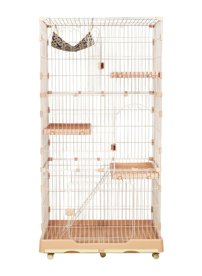 Cat cage with hammock, ladder, removable tray, and universal wheels, Durable metal wire pet cage, 190 cm Extra large cat cage suitable for multiple cats (Pink)