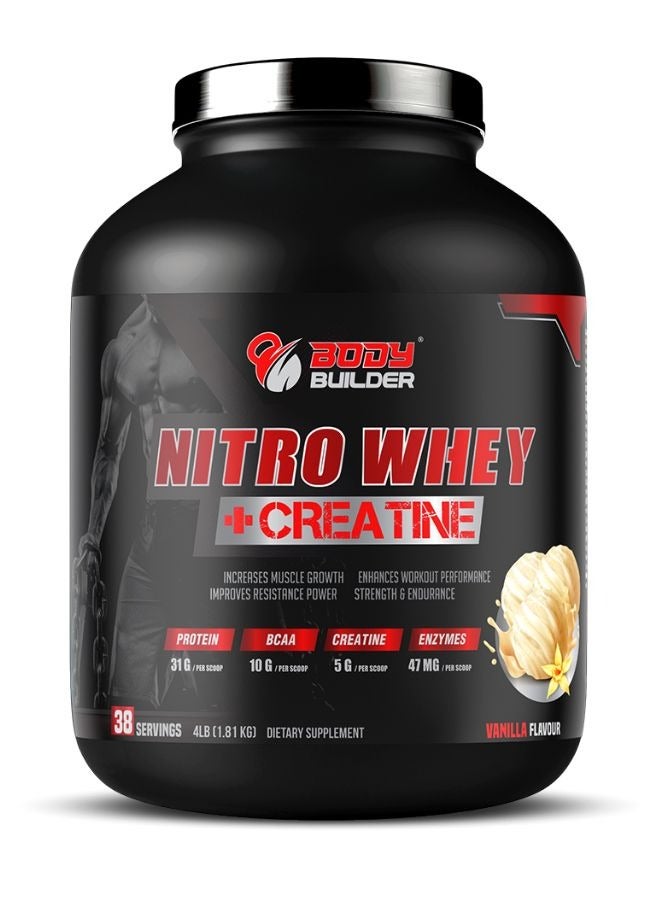 Body Builder Nitro Whey Protein Plus Creatine, Blend Whey Protein Concentrated and Isolated,Contains Digestive Enzymes, Vanilla Flavor, 4 Lbs