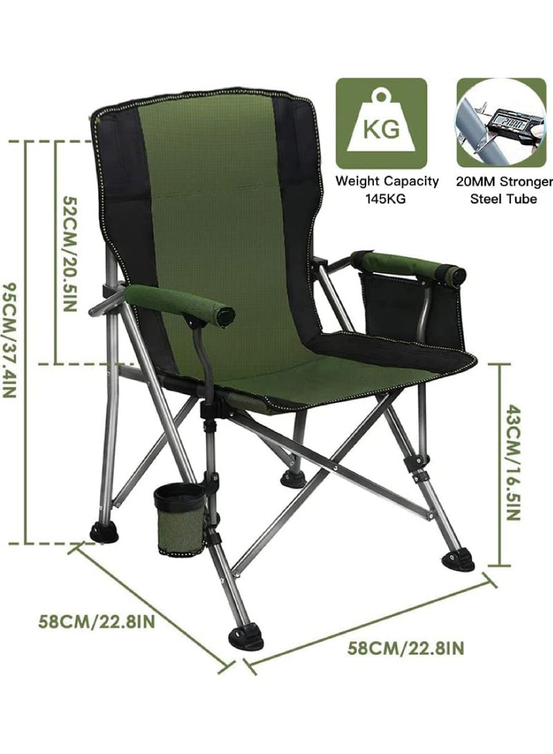 Outdoor Portable Camping Chair Lightweight Folding Camping Chair Heavy Duty Support 145KG High Back Padded Lawn Chair with Arm Rest Cup Holder and Portable Carrying Bag