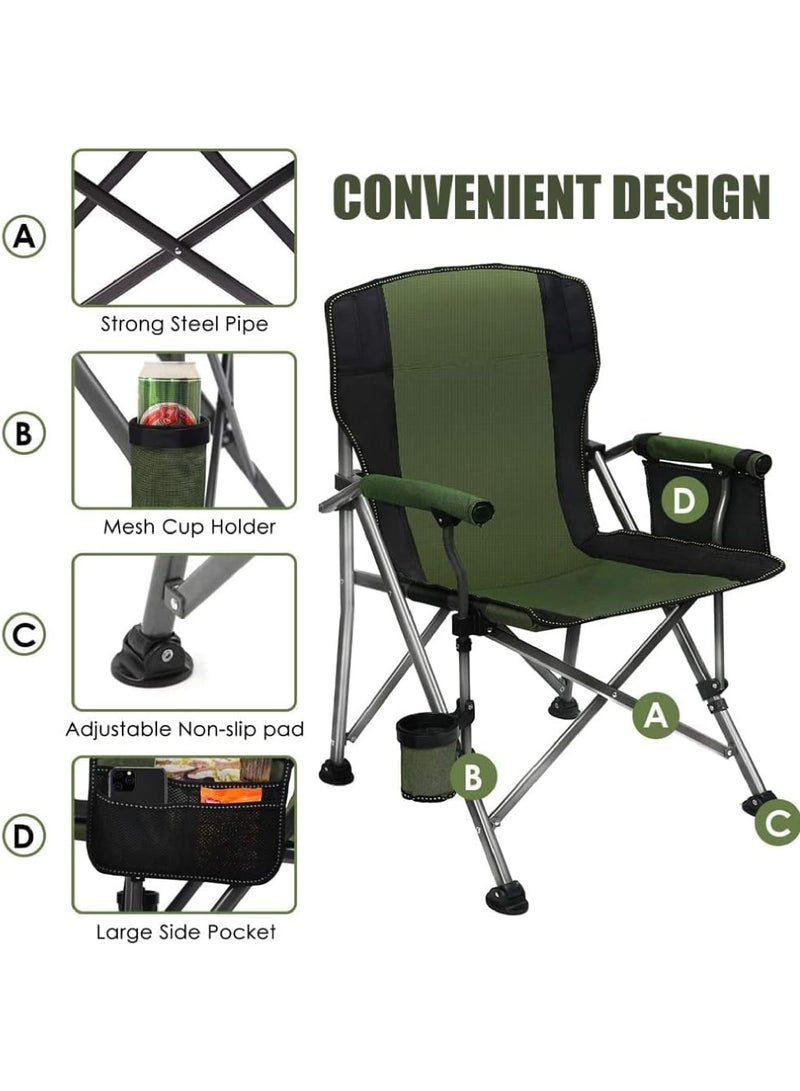 Outdoor Portable Camping Chair Lightweight Folding Camping Chair Heavy Duty Support 145KG High Back Padded Lawn Chair with Arm Rest Cup Holder and Portable Carrying Bag