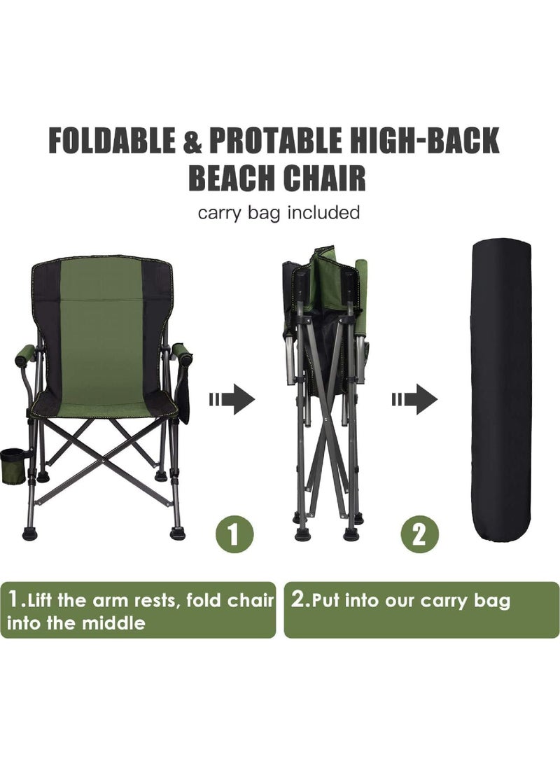 Outdoor Portable Camping Chair Lightweight Folding Camping Chair Heavy Duty Support 145KG High Back Padded Lawn Chair with Arm Rest Cup Holder and Portable Carrying Bag