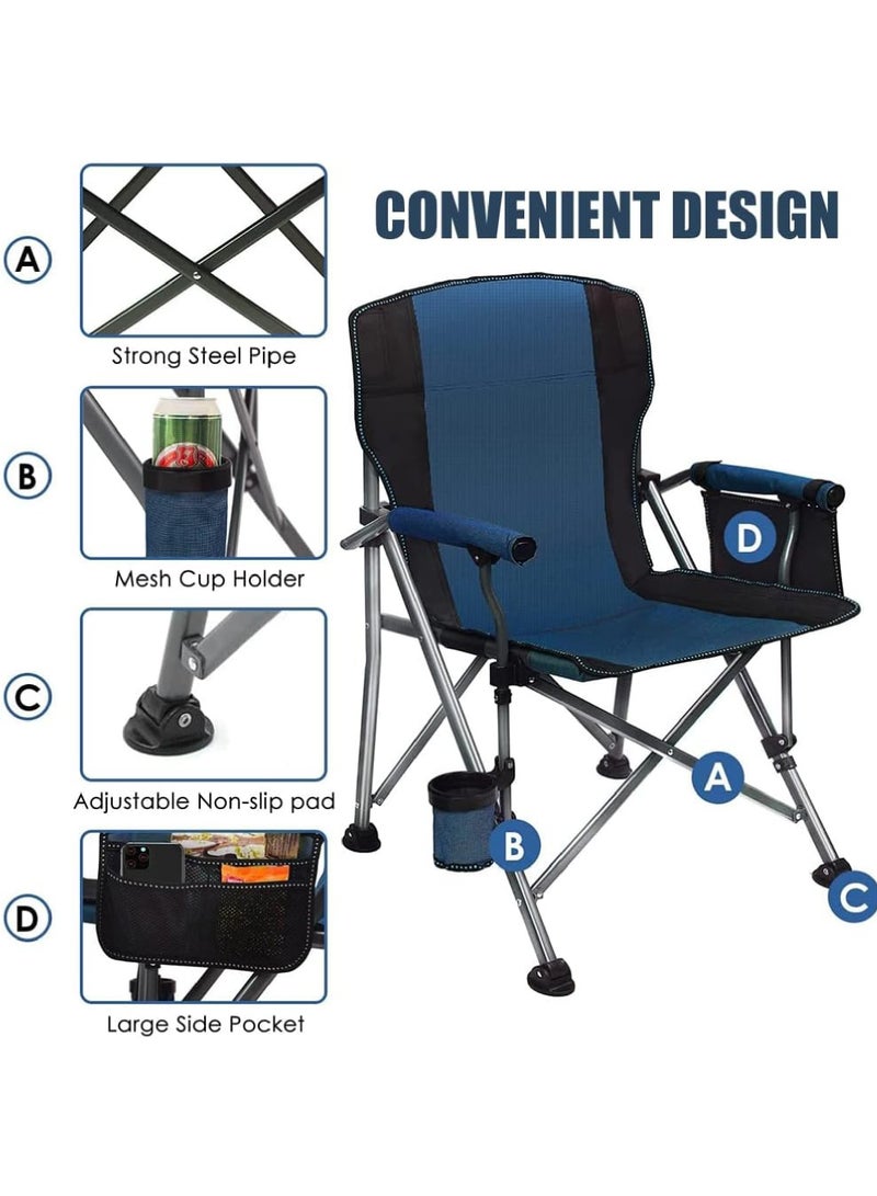 Outdoor Portable Camping Chair Lightweight Folding Camping Chair Heavy Duty Support 145KG High Back Padded Lawn Chair with Arm Rest Cup Holder and Portable Carrying Bag