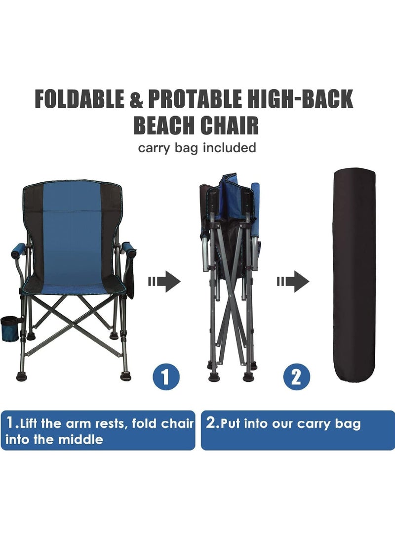 Outdoor Portable Camping Chair Lightweight Folding Camping Chair Heavy Duty Support 145KG High Back Padded Lawn Chair with Arm Rest Cup Holder and Portable Carrying Bag