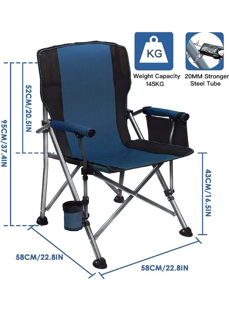 Outdoor Portable Camping Chair Lightweight Folding Camping Chair Heavy Duty Support 145KG High Back Padded Lawn Chair with Arm Rest Cup Holder and Portable Carrying Bag