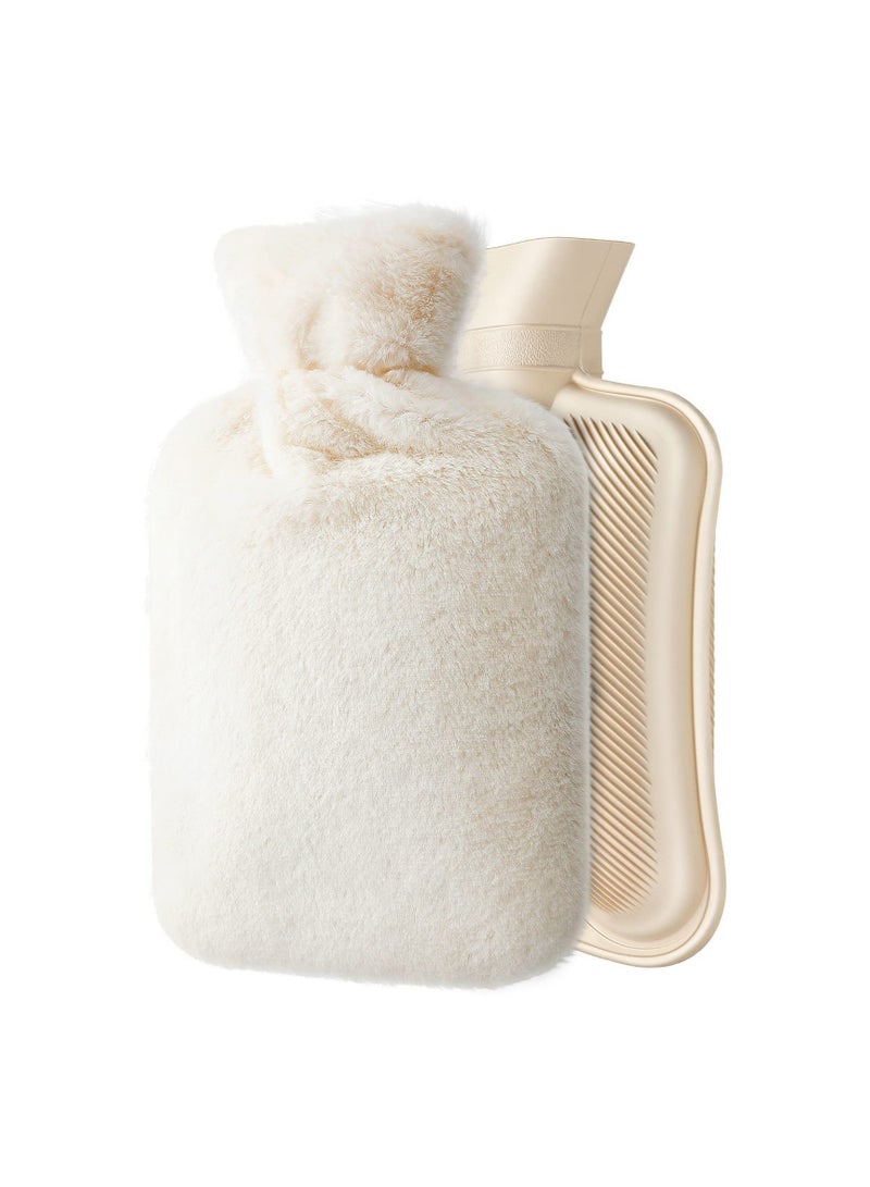 Hot Water Bottle with Soft Fleece Cover 2L Bag for Cold Therapy Pain Relief Back Neck Period Cramps Gift Beige