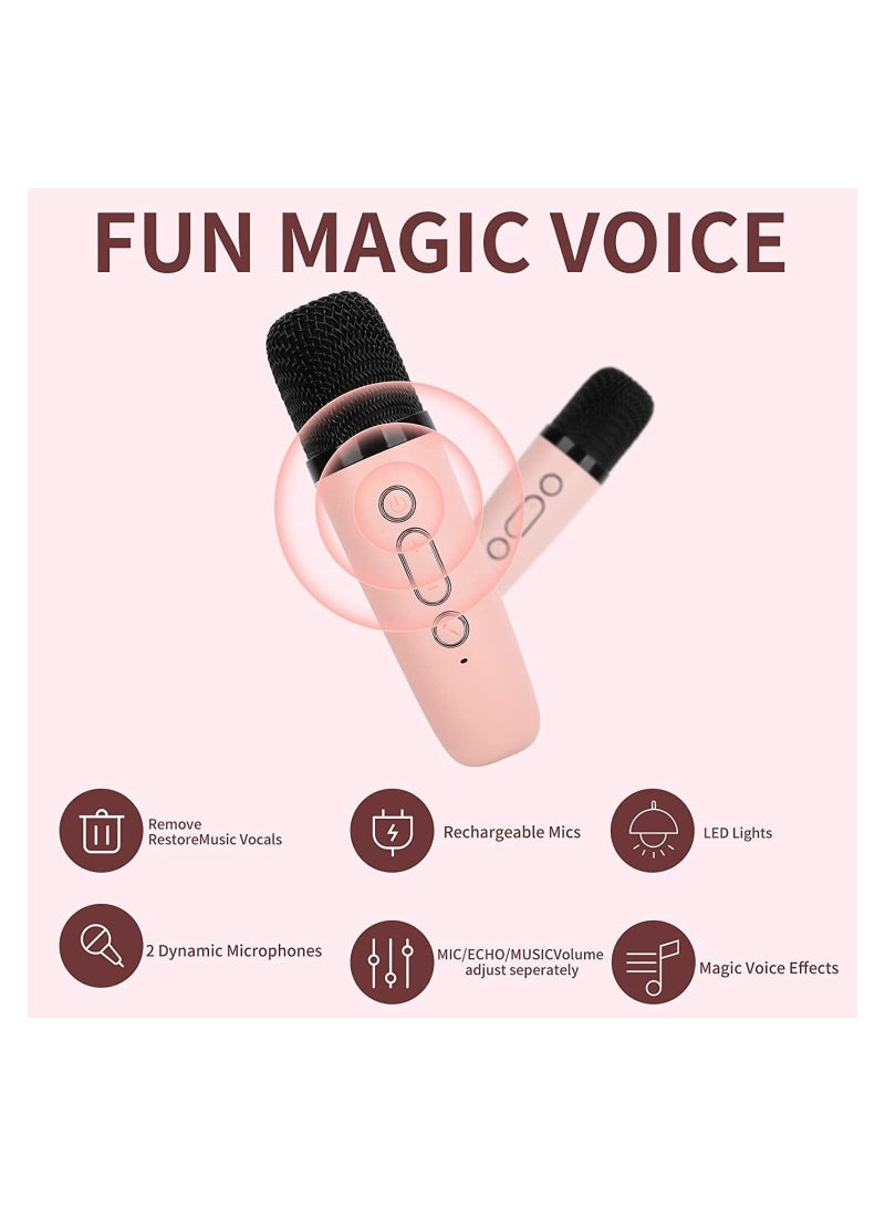 Mini Kids Karaoke Machine with 2 Wireless Microphones Portable Bluetooth Speaker with LED Lights Karaoke Gift for Girls and Boys Birthday Family Parties PINK-02