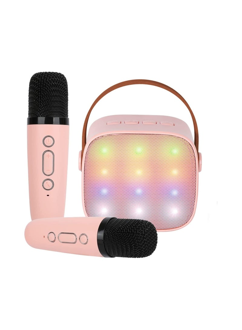 Mini Kids Karaoke Machine with 2 Wireless Microphones Portable Bluetooth Speaker (for Adults) with LED Lights Karaoke Gift for Girls and Boys Birthday Family Parties Pink