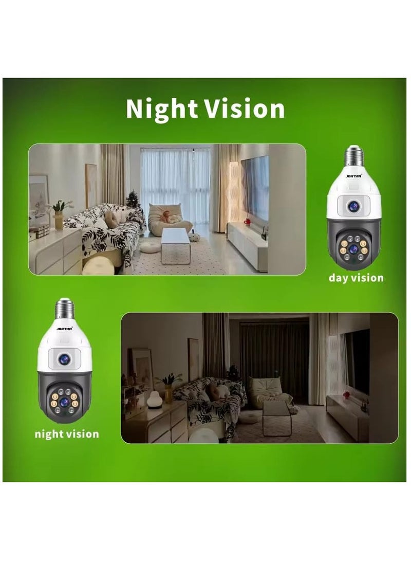 Jortan 4MP WIFI Dual lens Bulb Camera, IP44, Full Color Night Vision, 2 Way Audio, Motion Detection, PTZ Control, 24 hours Surveillance Camera