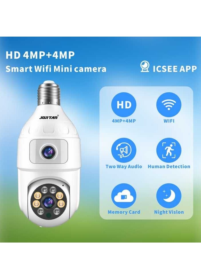 Jortan 4MP WIFI Dual lens Bulb Camera, IP44, Full Color Night Vision, 2 Way Audio, Motion Detection, PTZ Control, 24 hours Surveillance Camera