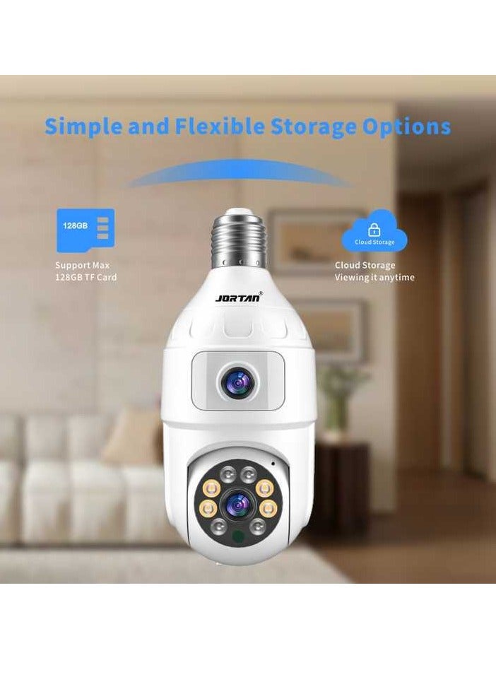 Jortan 4MP WIFI Dual lens Bulb Camera, IP44, Full Color Night Vision, 2 Way Audio, Motion Detection, PTZ Control, 24 hours Surveillance Camera