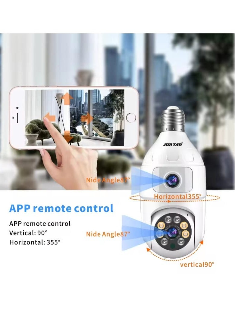 Jortan 4MP WIFI Dual lens Bulb Camera, IP44, Full Color Night Vision, 2 Way Audio, Motion Detection, PTZ Control, 24 hours Surveillance Camera