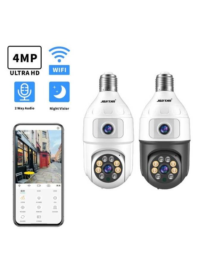 Jortan 4MP WIFI Dual lens Bulb Camera, IP44, Full Color Night Vision, 2 Way Audio, Motion Detection, PTZ Control, 24 hours Surveillance Camera
