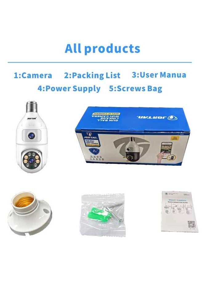 Jortan 4MP WIFI Dual lens Bulb Camera, IP44, Full Color Night Vision, 2 Way Audio, Motion Detection, PTZ Control, 24 hours Surveillance Camera