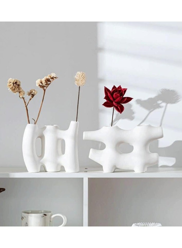 White Ceramic Vase with Porcelain Fence Design  Abstract Irregular Flower Vase