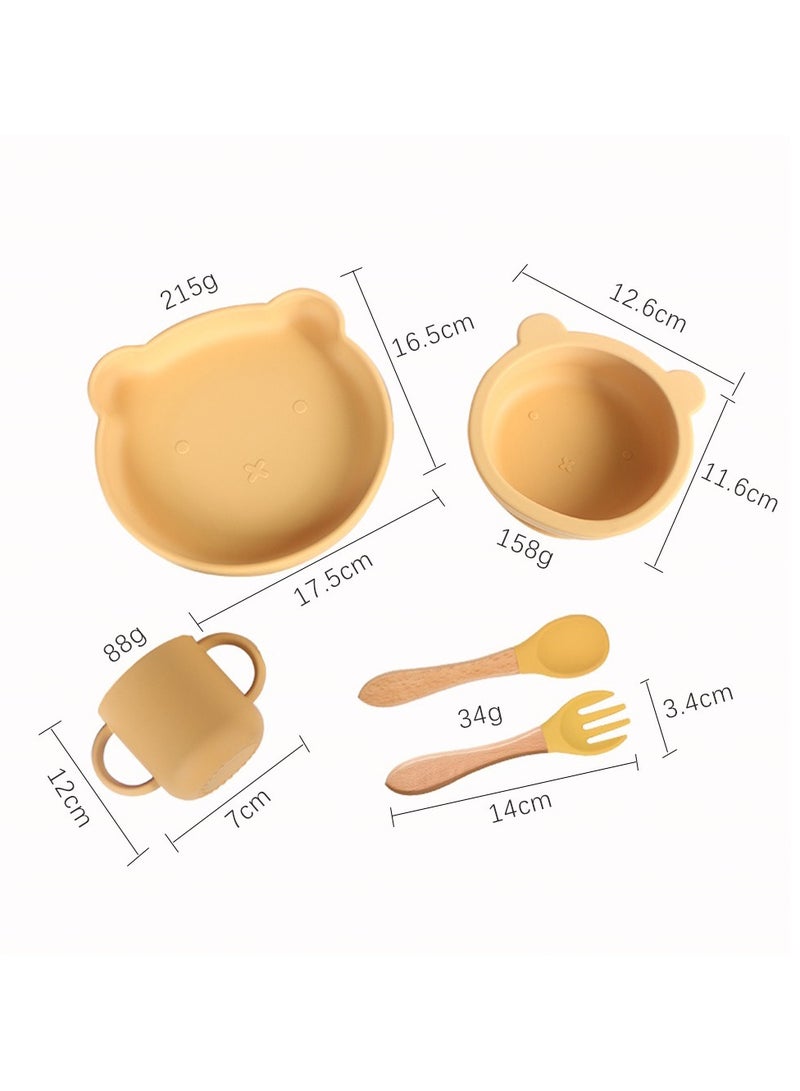 BPA Free 5PCS Silicone Children Feeding Tableware Sets with Baby Sucker Plate Bowl Bibs Spoon and Fork