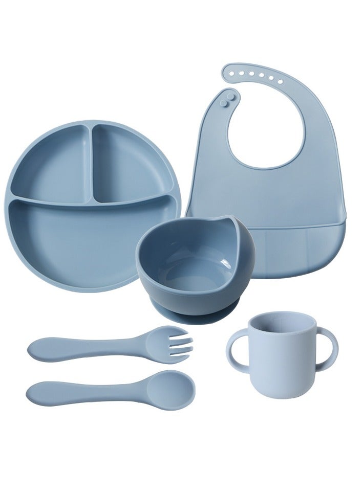 BPA Free 6PCS Silicone Children Feeding Tableware Sets with Baby Sucker Plate Bowl Bibs Spoon and Fork