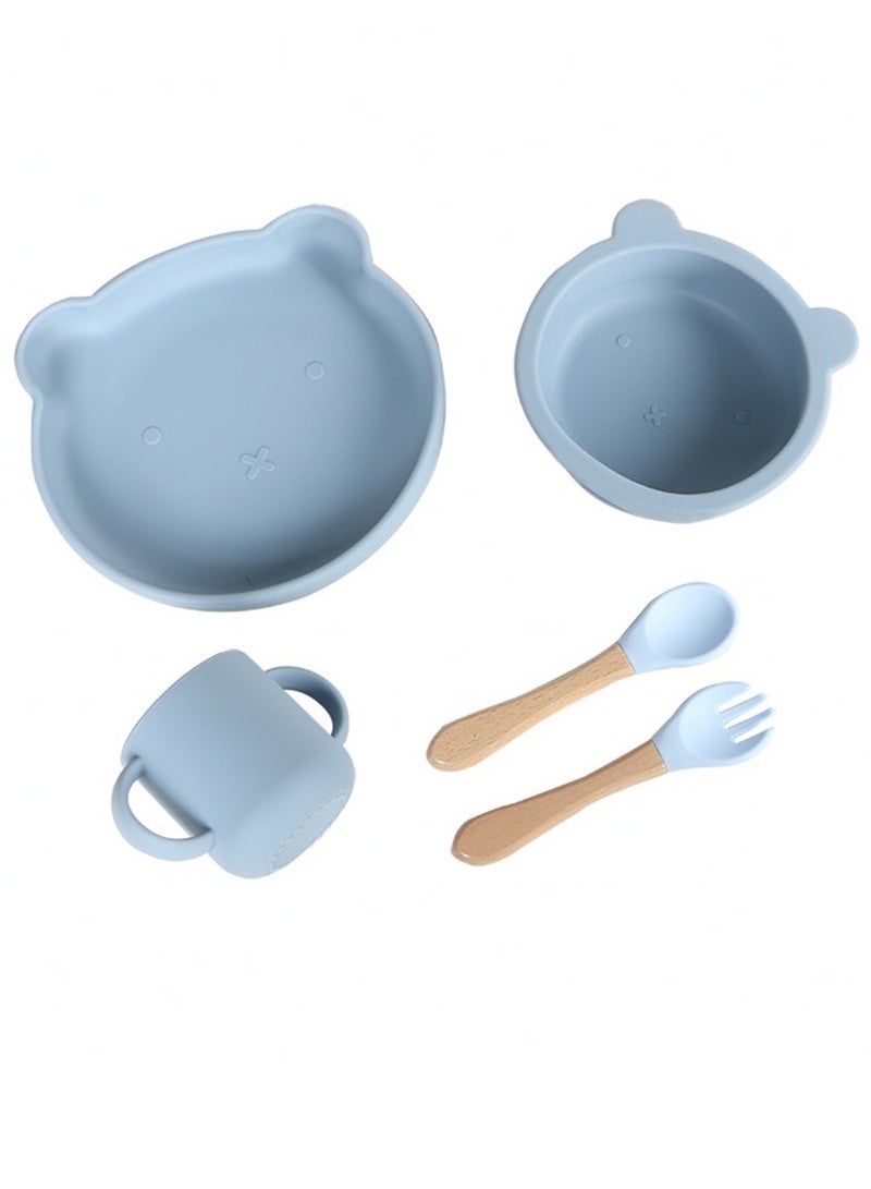 BPA Free 5PCS Silicone Children Feeding Tableware Sets with Baby Sucker Plate Bowl Bibs Spoon and Fork