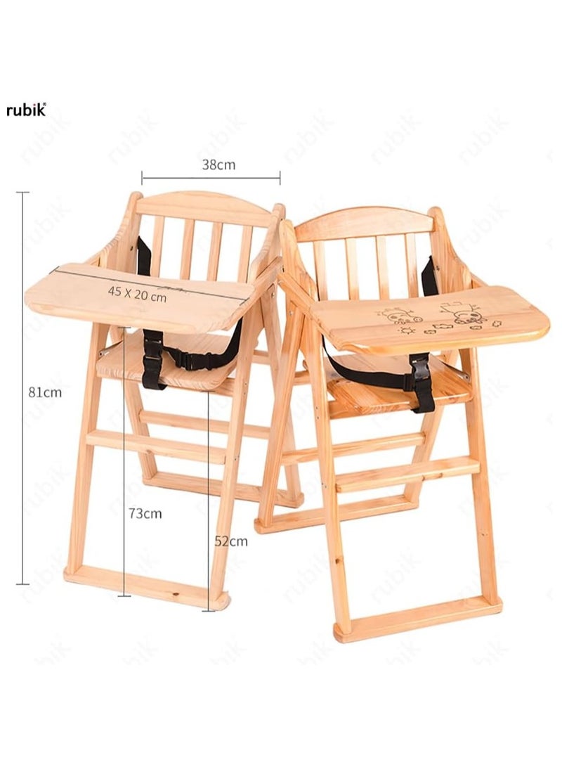 Wooden High Chair with Tray, Foldable Kids Dinning Highchair with Safety Belt and Cushion for Baby Toddler Feeding (Beige)