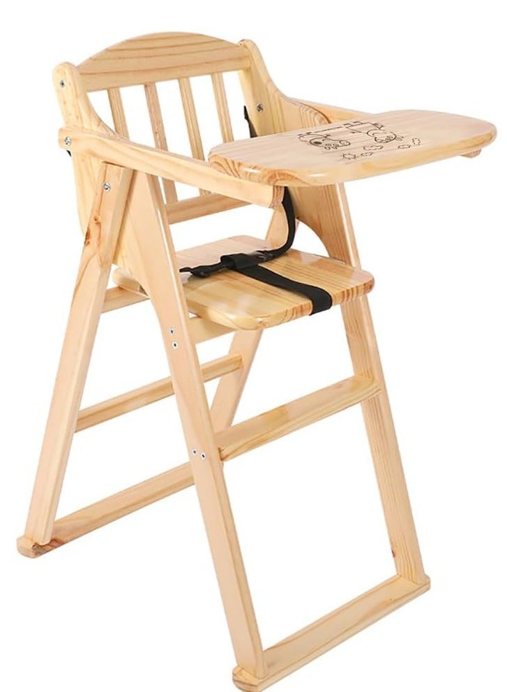 Wooden High Chair with Tray, Foldable Kids Dinning Highchair with Safety Belt and Cushion for Baby Toddler Feeding (Beige)