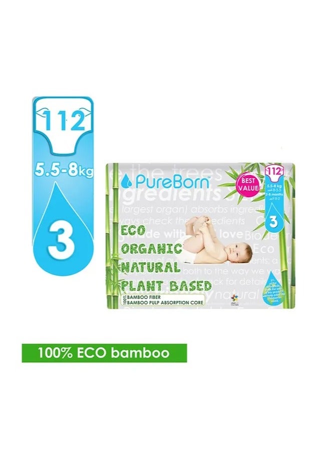 Pureborn Organic Diapers Size 3, Value Pack 5.5 - 8 kg, 112pc