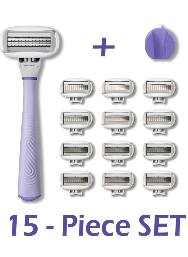 15-Piece Lilac Razor Women's Shaving Set With 5 Blade Cartridge Heads and 1 Shower Holder