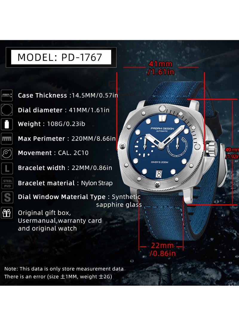 Men's Automatic Watches 41mm Stainless Steel Unique Waterproof Mechanical Sports Wrist Watch for Men Sapphire Glass With AR Coating PD1767