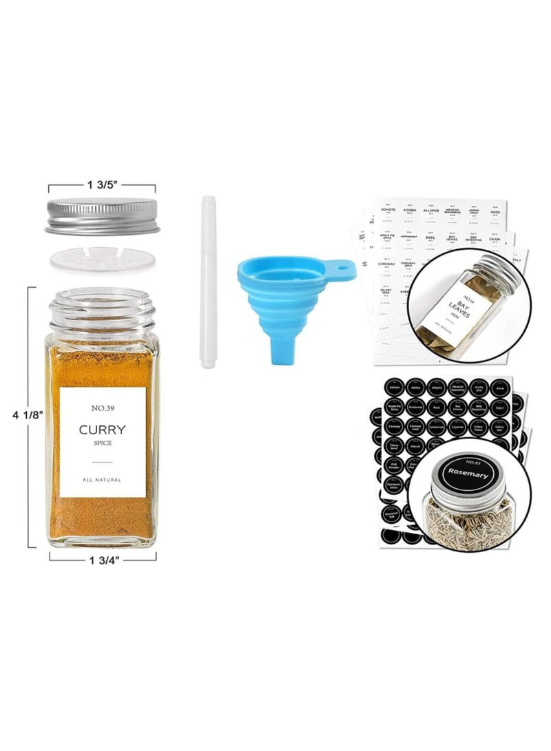 24Pcs Spice Jars with Labels - Glass Spice Jars with Shaker Lids, Minimalist Spice Labels Stickers, Collapsible Funnel, 4oz Seasoning Containers