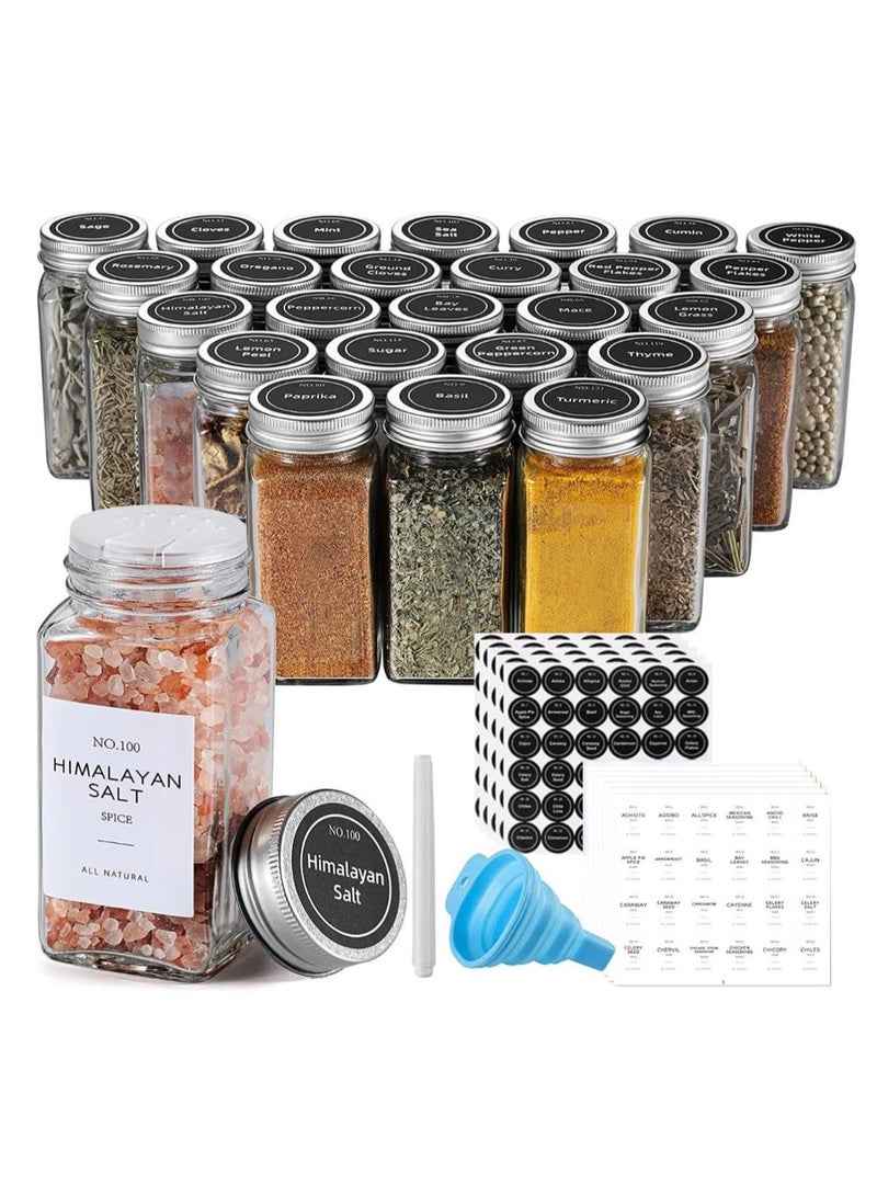 24Pcs Spice Jars with Labels - Glass Spice Jars with Shaker Lids, Minimalist Spice Labels Stickers, Collapsible Funnel, 4oz Seasoning Containers