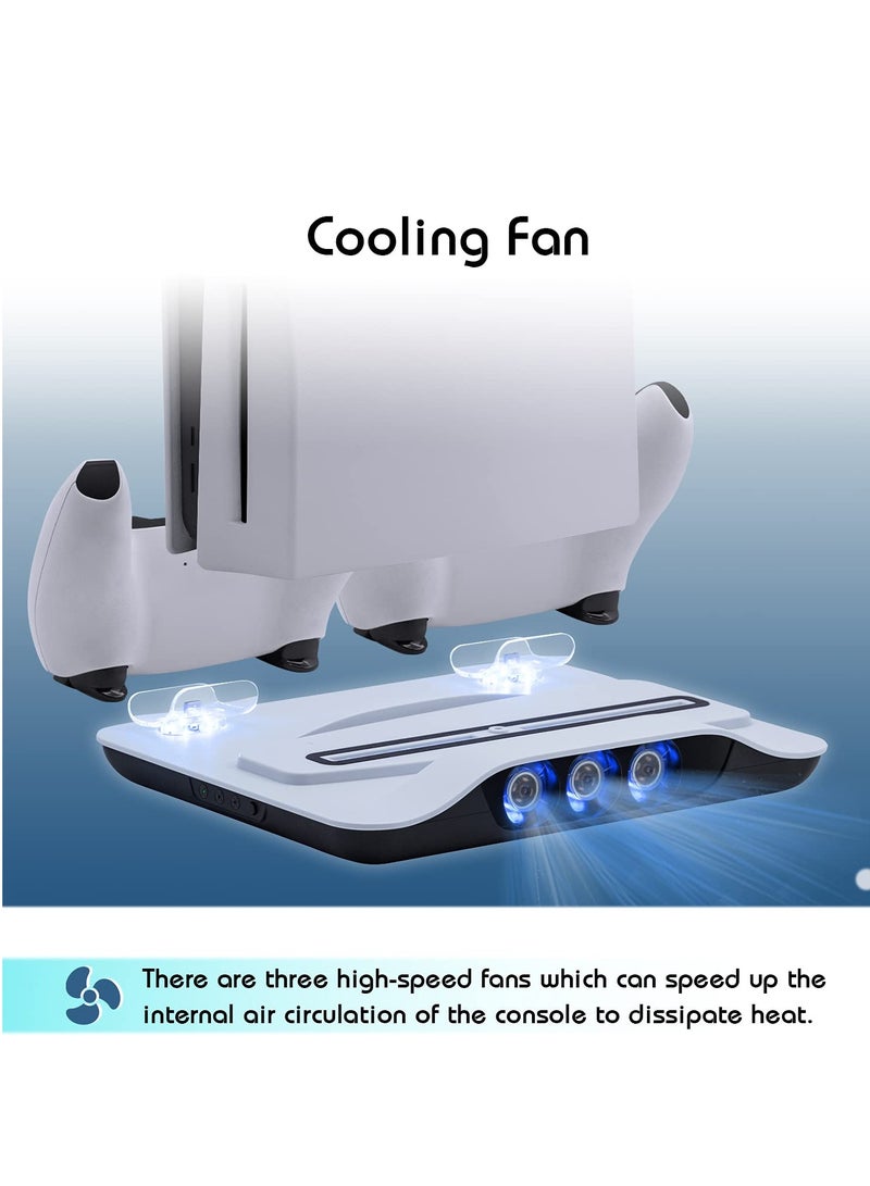 Cooling Fan and Dual Controller Charger Station for PS5 Console, Cooler Station and Charging Dock with Extra USB Ports for Playstation 5 UHD and Digital Edition, White