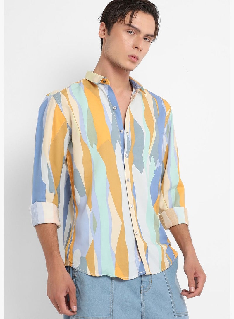 Printed Spread Collar Long Sleeve Shirt