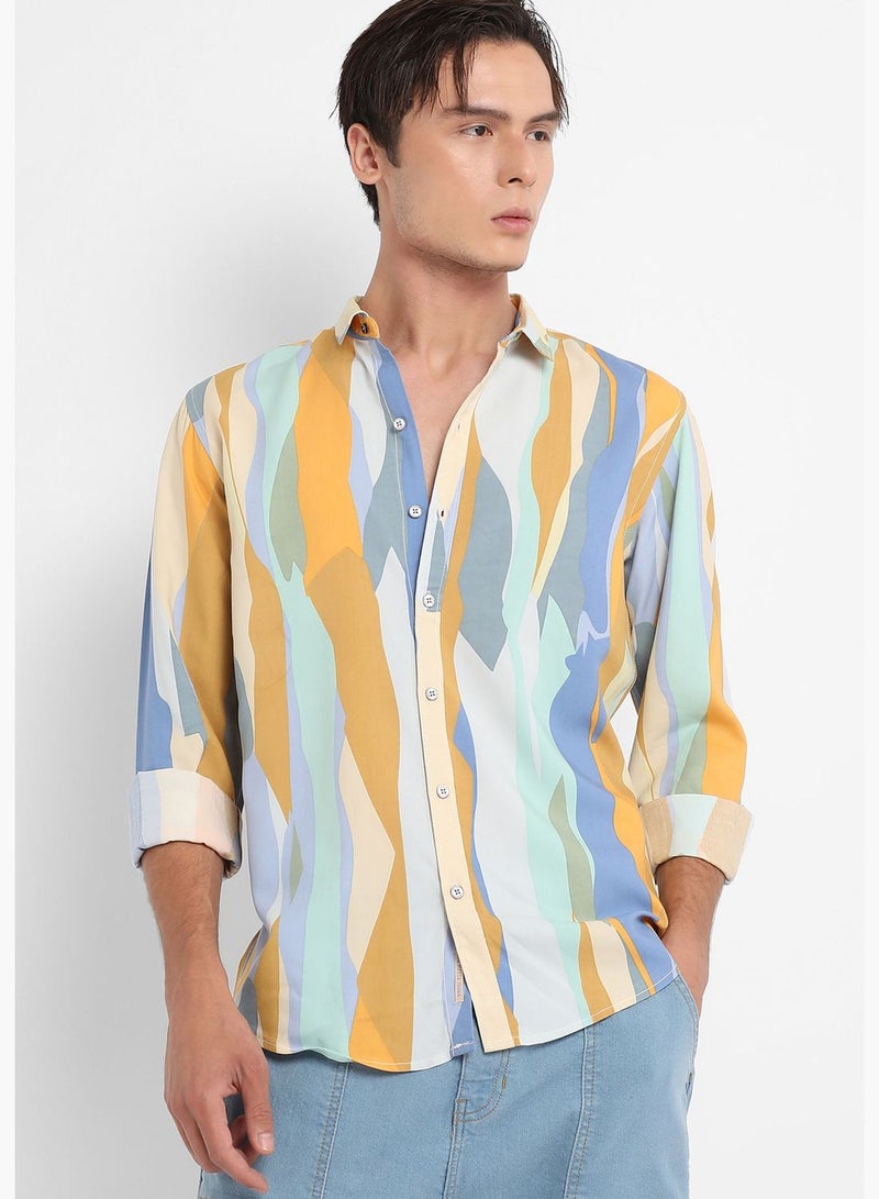 Printed Spread Collar Long Sleeve Shirt
