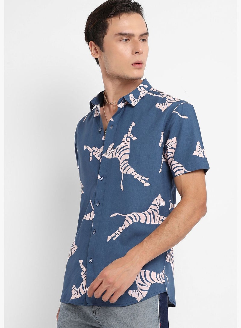 Printed Spread Collar Short Sleeve Shirt