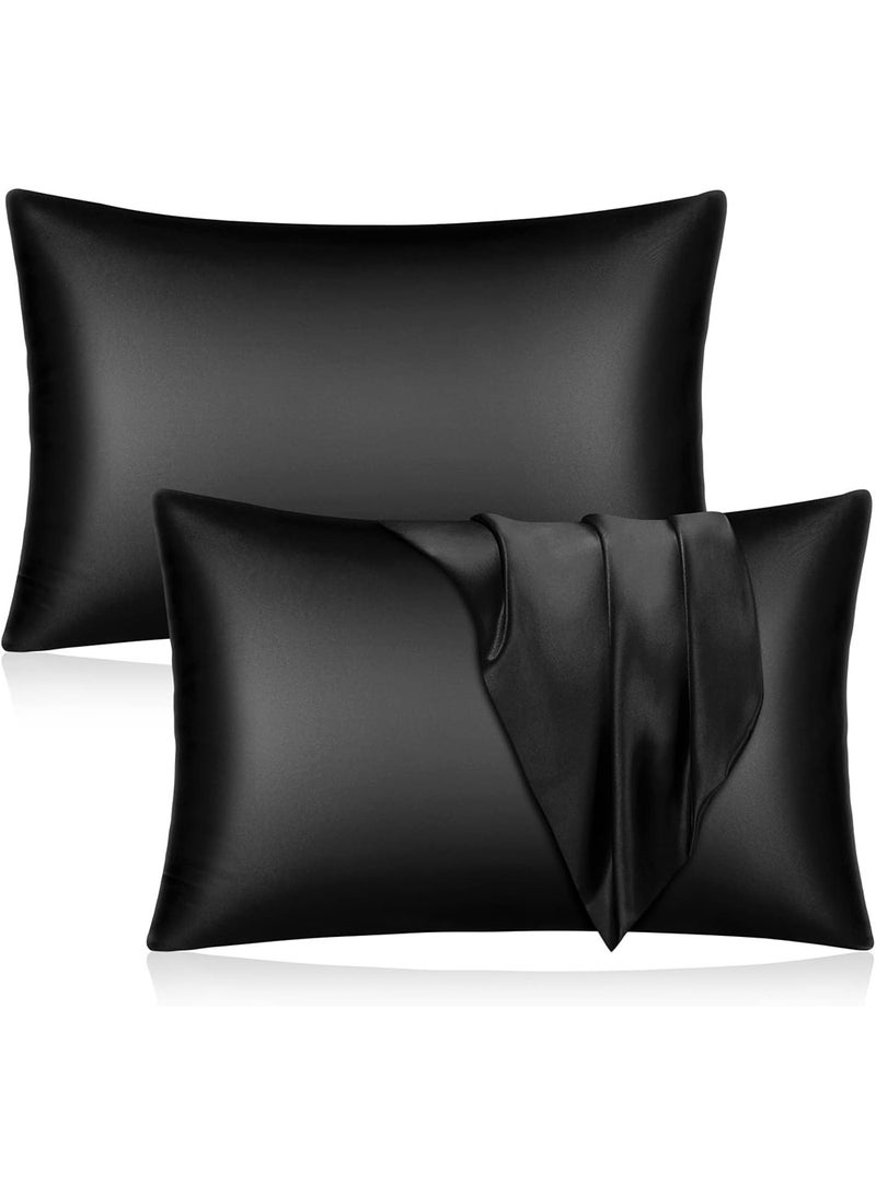 Satin Silk Pillow Case Cover for Hair and Skin, Soft Breathable Smooth Both Sided Silk Pillow Cover PairQueen - 50 x 75cm - 2pcs - Black)
