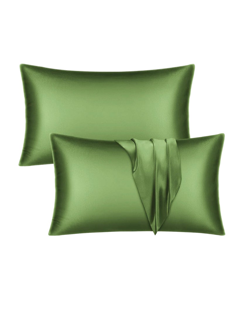 Satin Silk Pillow Case Cover for Hair and Skin, Soft Breathable Smooth Both Sided Silk Pillow Cover Pair (Queen - 50 x 75cm - 2pcs - Bean Green)