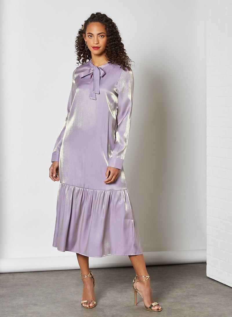 Satin Tie-Up Neck Midi Dress Purple