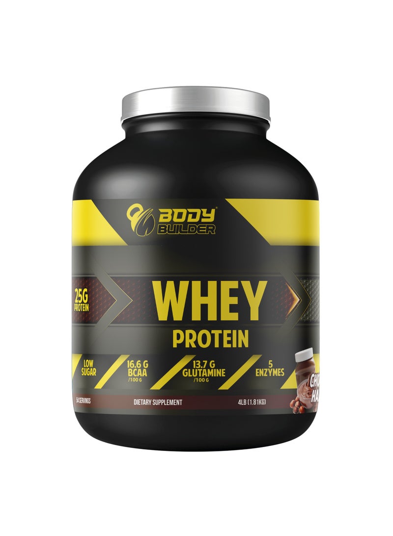 Body Builder Whey Protein - 25g Protein, 16.6g BCAA, 13.7g Glutamine, with 5 Digestive Enzymes - Chocolate Hazelnut, 4LB