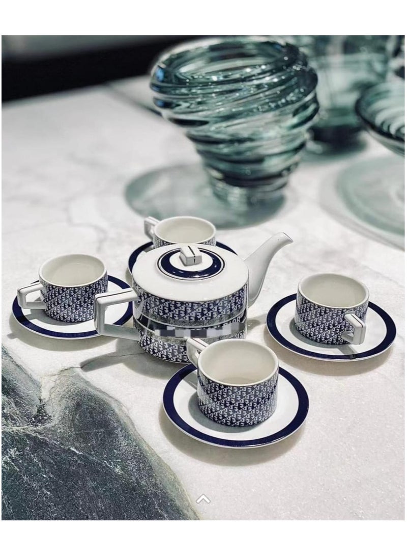 Tea Set for Adults Coffee Cup Sets Teacup and Saucer Set Royal Blue Tea Sets for Afternoon Tea with Teapot, Creamer Pitcher