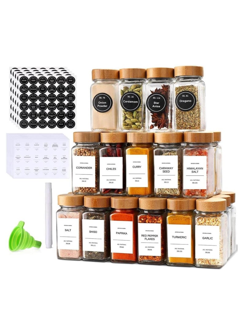 4oz 24Pcs, Glass Spice Jars with Bamboo Lids,Spices Container Set with White Printed Spice Labels,Kitchen Empty Spice Jars with Shaker Lids