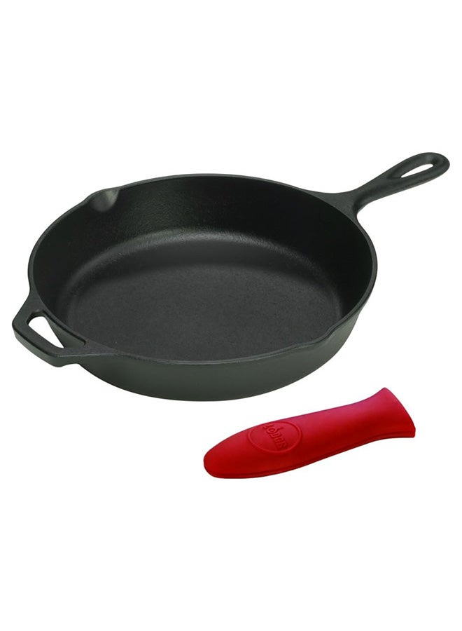 Lodge Logic 13.25 Inch Cast Iron Skillet with Helper Handle and Red Silicone Handle Holder