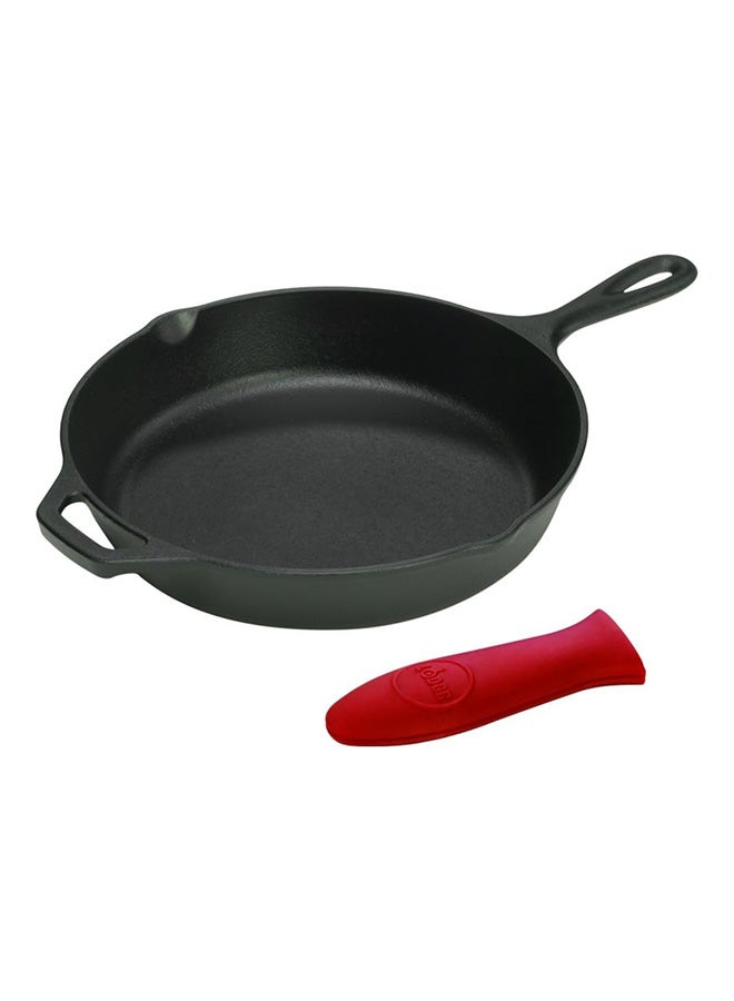 Lodge Logic 13.25 Inch Cast Iron Skillet with Helper Handle and Red Silicone Handle Holder