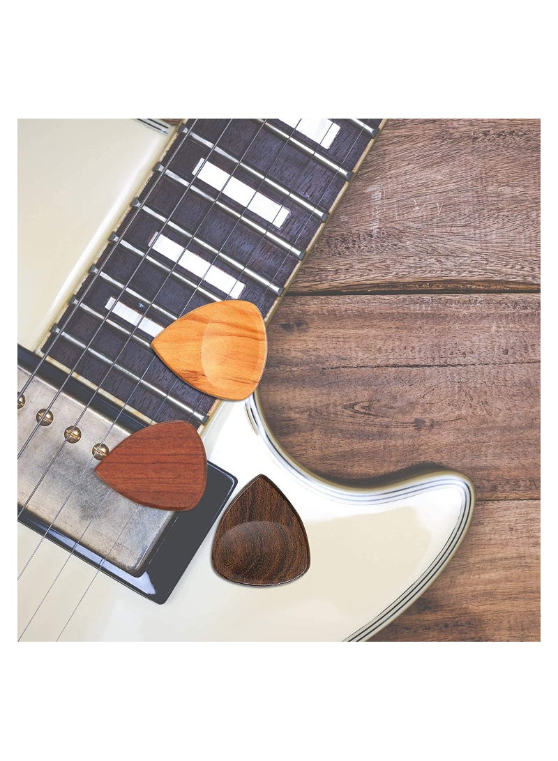 10Pcs Guitar Picks Exotic Wood Guitar Picks 1 Guitar Picks Box Wooden Guitar Plectrums in African Red Sandalwood Olive Wood Rosewood Maple Ebony Golden Sandalwood for Guitar