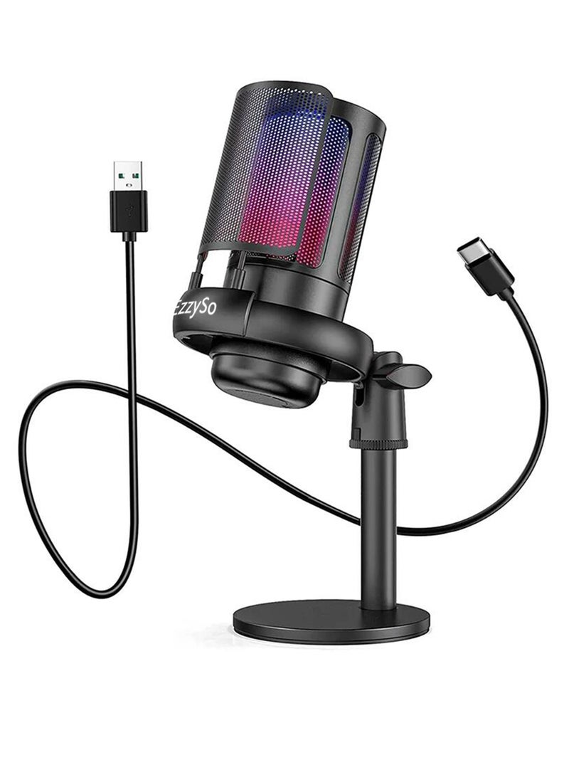 Gaming Microphone For PC Computer Gaming USB Mic For Mac PS4 PS5 Condenser Mic With Quick Mute RGB Control For Recording Streaming Podcasting Twitch Snapchat Podcasts Videos