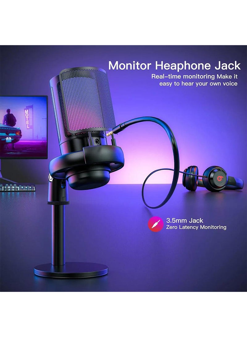 Gaming Microphone For PC Computer Gaming USB Mic For Mac PS4 PS5 Condenser Mic With Quick Mute RGB Control For Recording Streaming Podcasting Twitch Snapchat Podcasts Videos